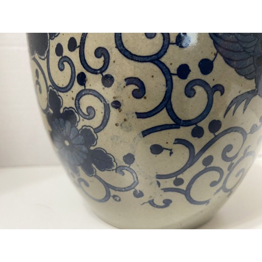 Vintage Cobalt Blue Gray Porcelain Ginger Jar Lid Phoenix Pattern 8" High - Picture 5 of 10